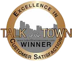 A logo for talk of the town customer satisfaction winner.
