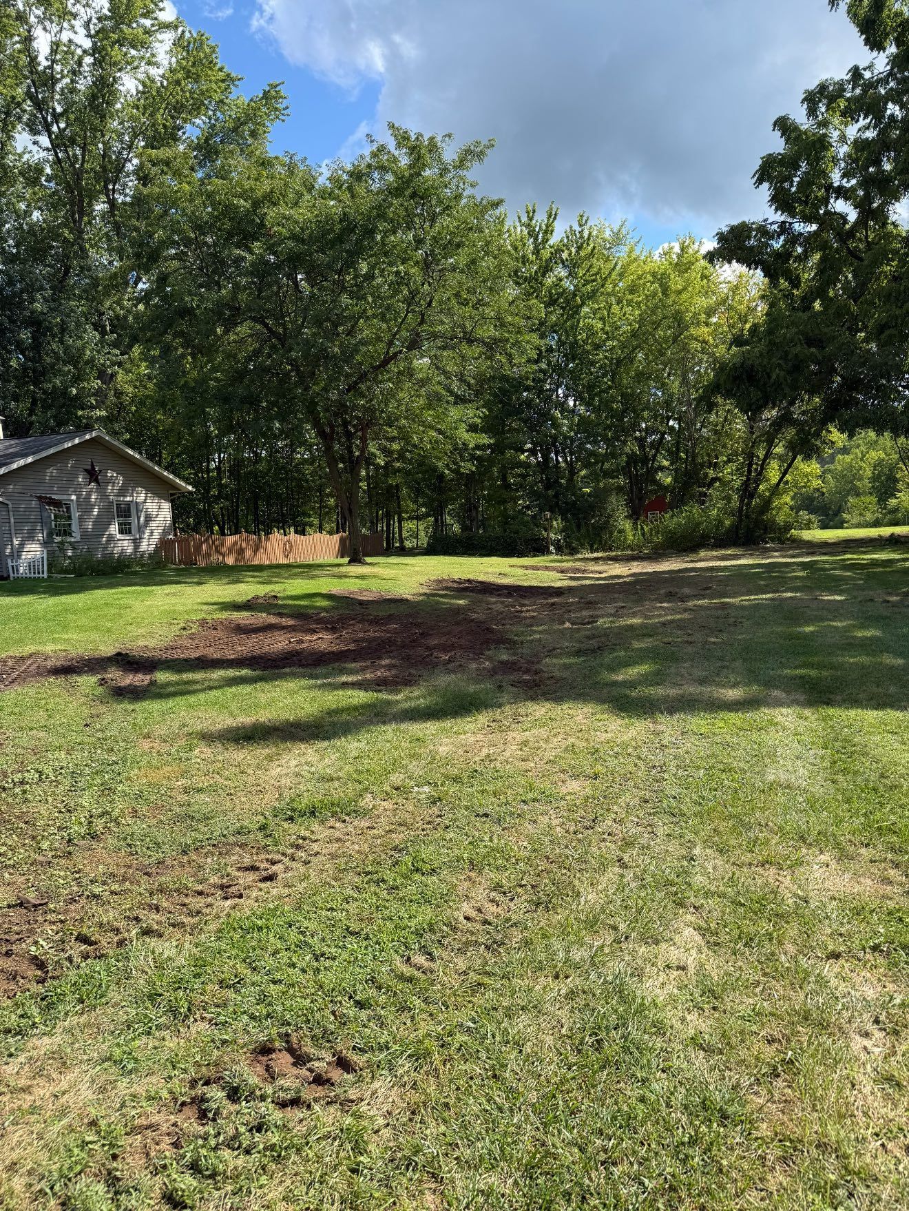 Grassy yard with cleared area, trees, and small building under a partly cloudy sky.