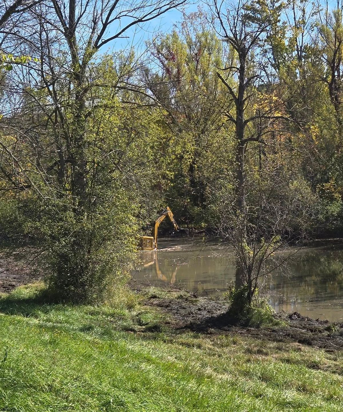 Excavator in muddy water, clearing a pond, trees surround, sunny day.