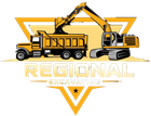 Yellow excavator loading a dump truck. "Regional Excavating" logo with a golden triangle.