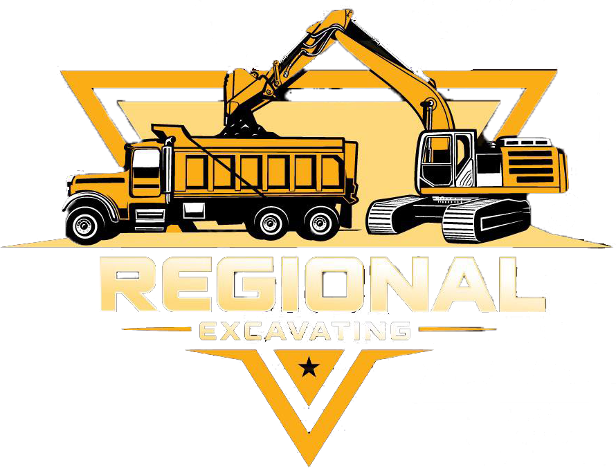 Yellow excavator loading a dump truck. "Regional Excavating" logo with a golden triangle.