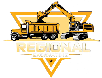 Yellow excavator loading a dump truck. "Regional Excavating" logo with a golden triangle.