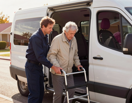Driver assisting a rider with a walker
