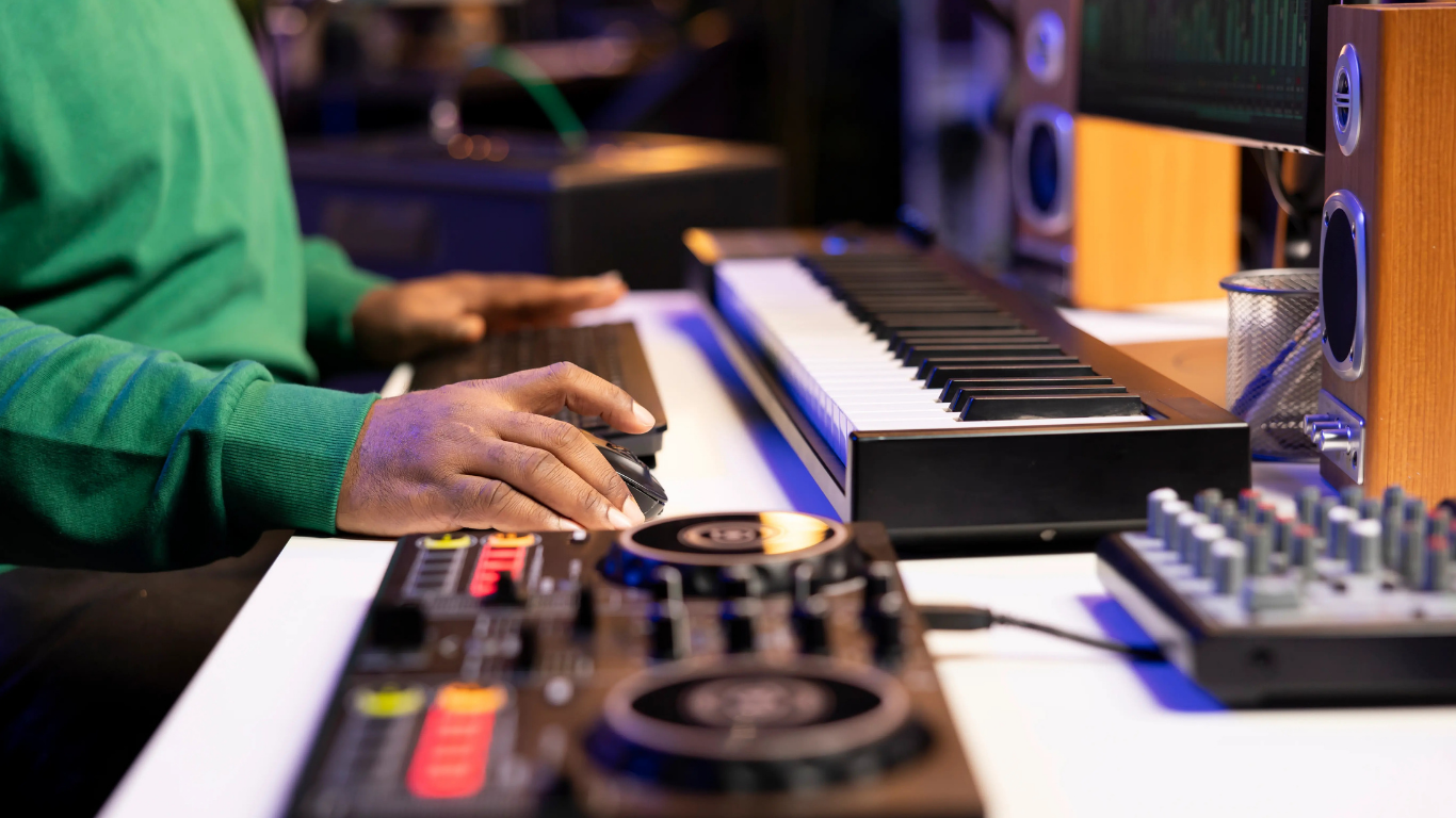 Person adjusting music production controls beside a keyboard in a studio setup