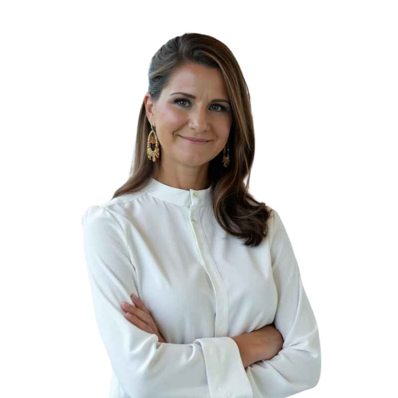 A woman in a white shirt with her arms crossed