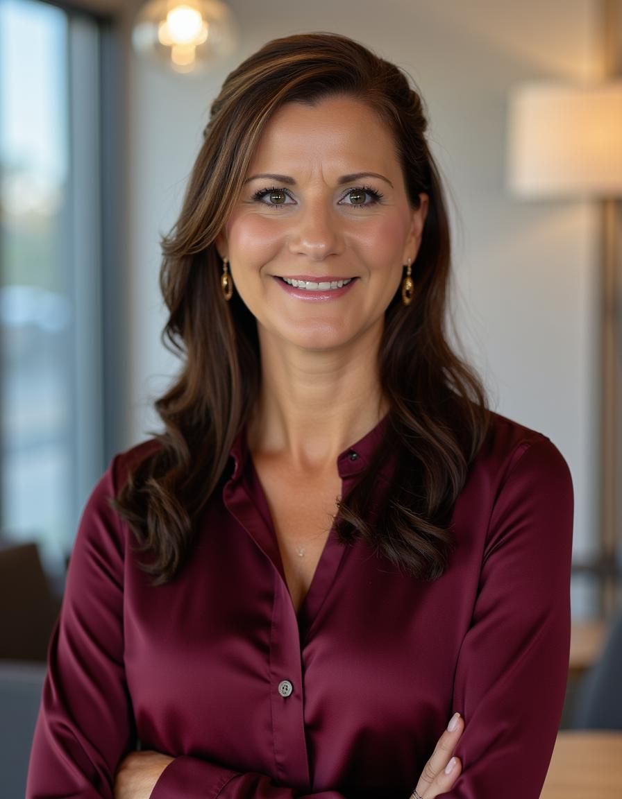 A woman in a suit and earrings smiles for the camera