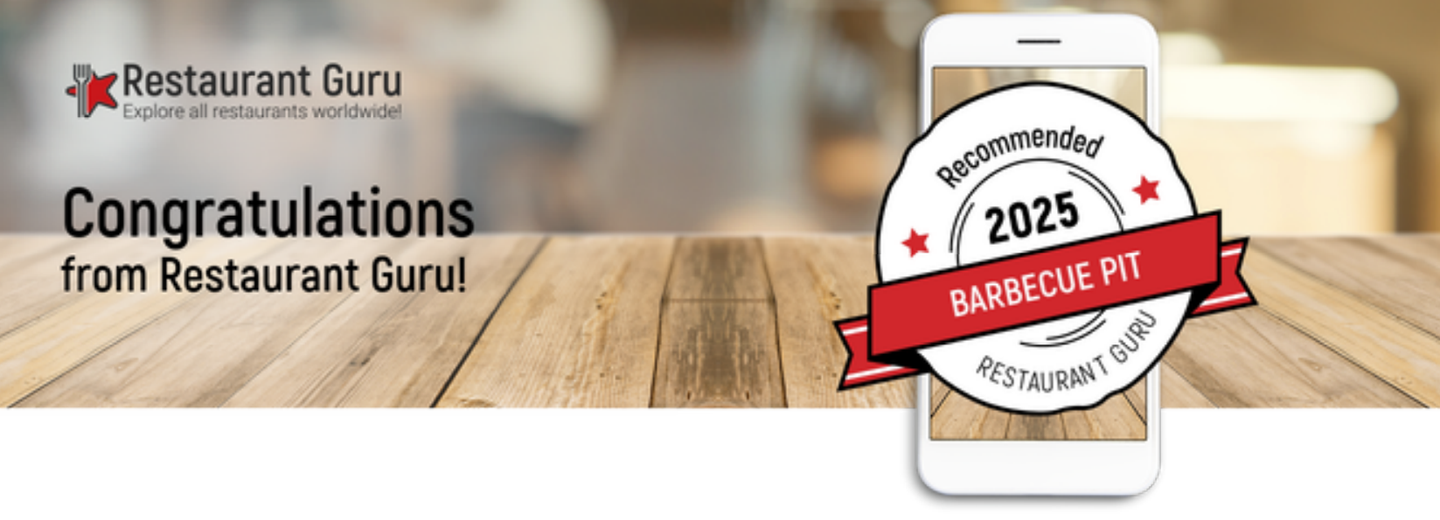Restaurant Guru congratulations banner with 2025 Bureau of Pizza award badge and pizza slice graphic
