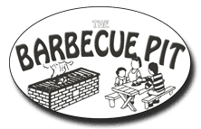 Black-and-white logo reading “THE BARBECUE PIT” with a brick grill and people at a picnic table