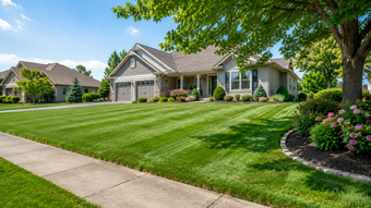 Brick house front yard with a manicured flower bed, red blooms, and ornamental grasses