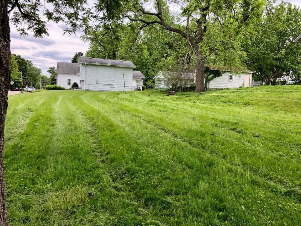 Green lawn with mowing stripes beside a white house and large tree under a cloudy sky