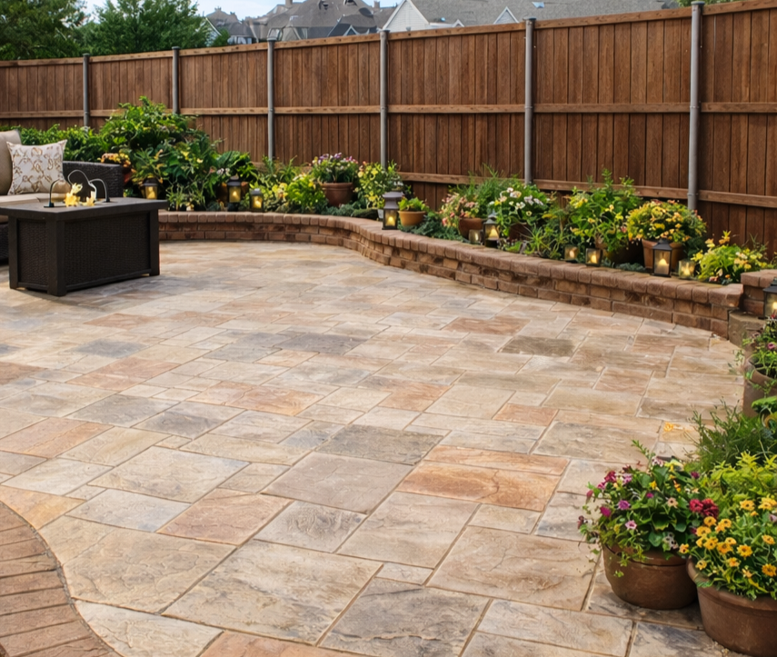 Paver patio with a raised garden bed and wooden fence. Brown and tan tones. Potted flowers, lanterns, and a dark table. Paver patio with a raised garden bed and wooden fence. Brown and tan tones. Potted flowers, lanterns, and a dark table.