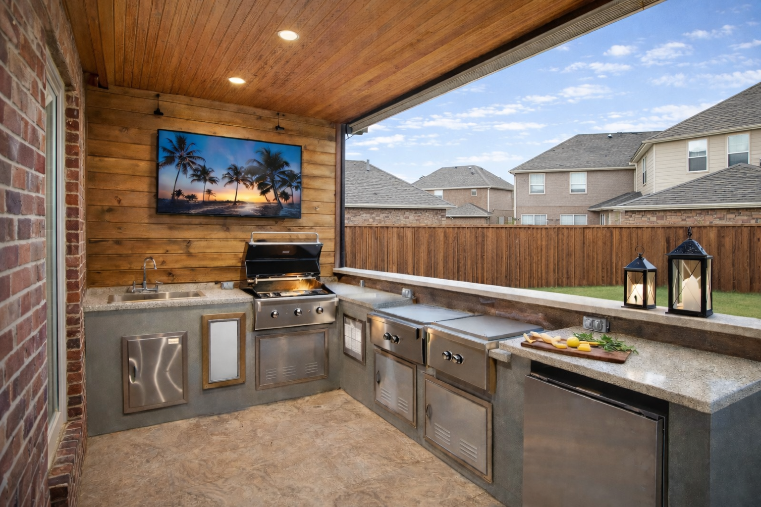 Outdoor kitchen with stainless steel appliances, TV, and wood ceiling.