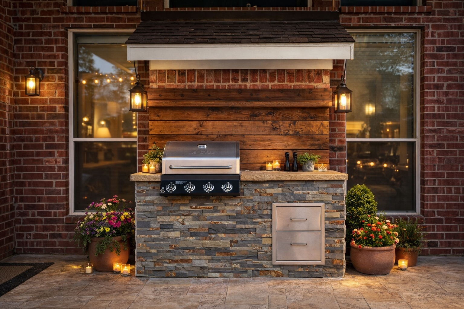 Outdoor brick kitchen with grill, counter, and wooden pergola. Overlooks a lake with a fence.