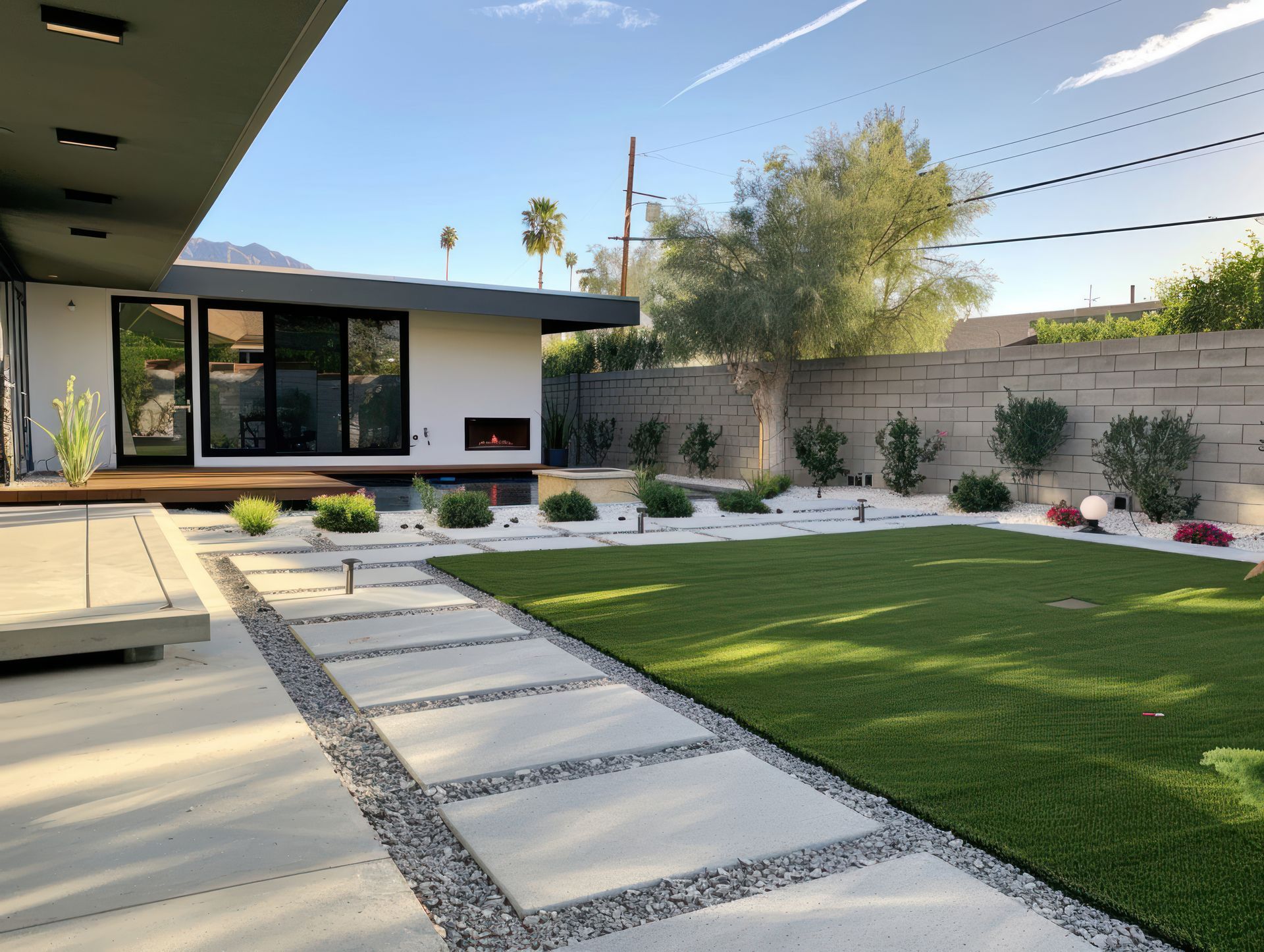 Backyard with square concrete pavers, gravel, green grass, and modern white house. Backyard with square concrete pavers, gravel, green grass, and modern white house.