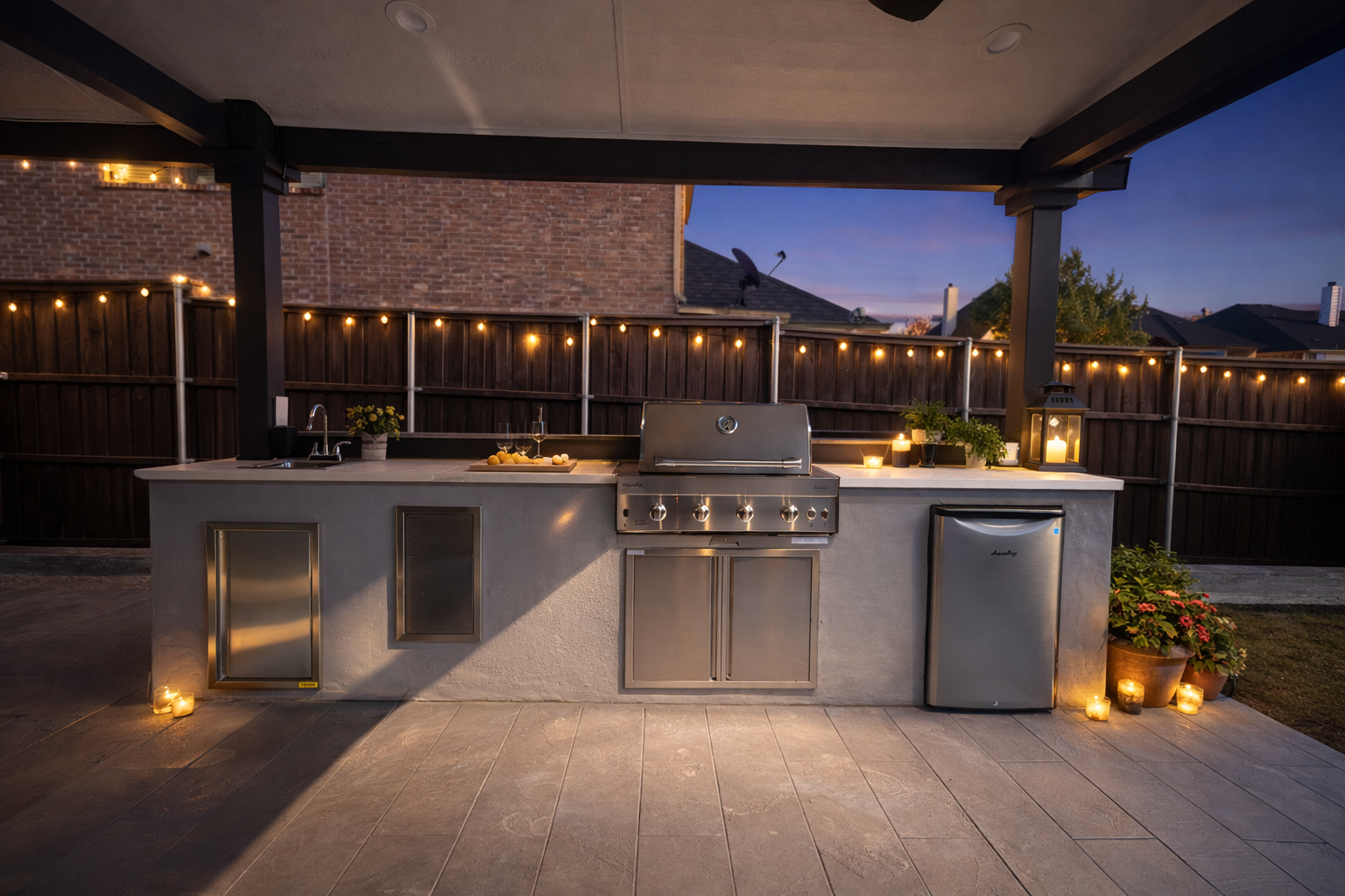 Outdoor kitchen with a grill, refrigerator, and countertop under a wooden pergola, illuminated by string lights.