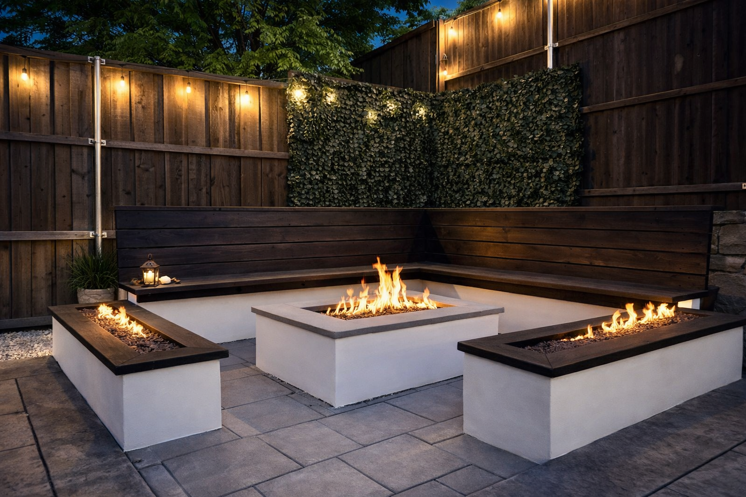 Poolside patio with a fireplace, fire pit, and lounge chairs. Tropical setting with palm trees.