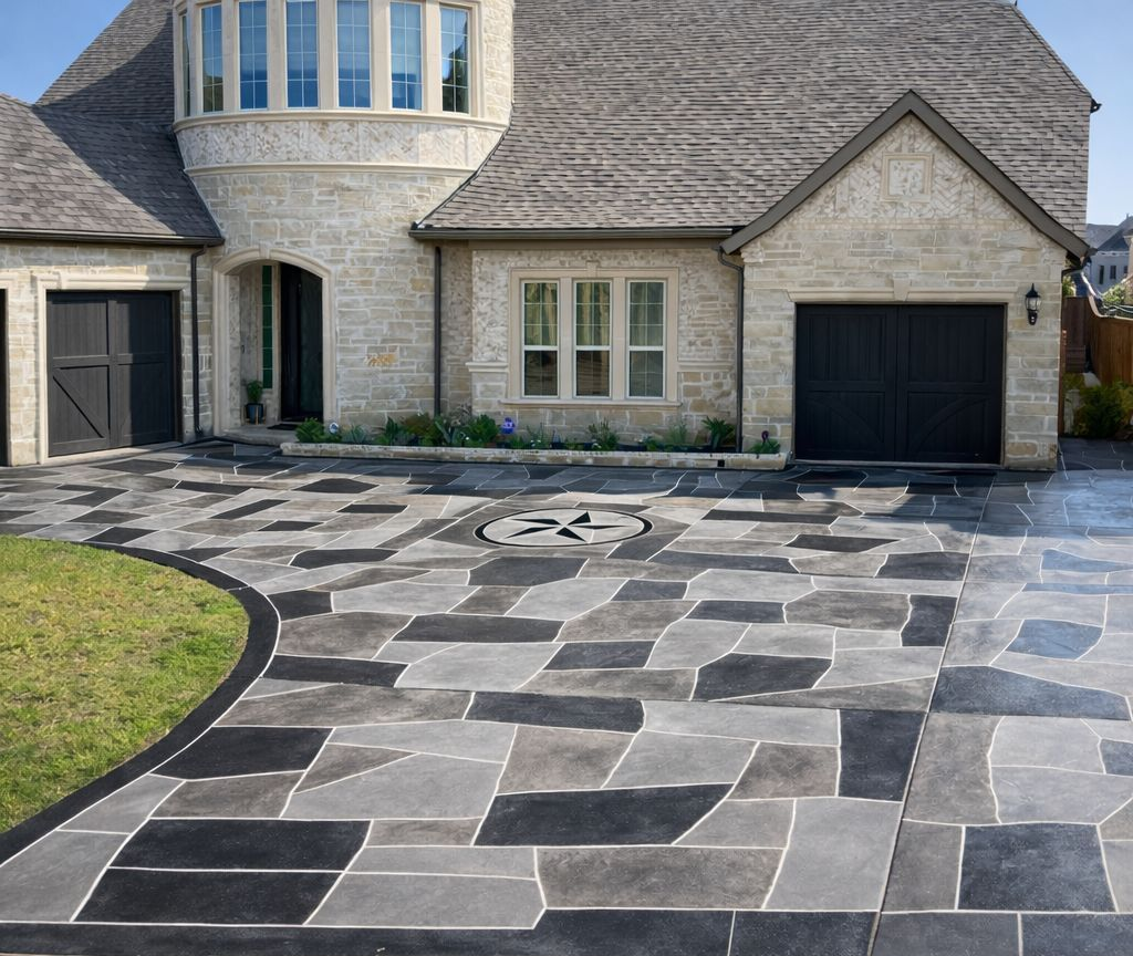 Outdoor patio with stone columns, brown pergola, and seating area. Outdoor patio with stone columns, brown pergola, and seating area.