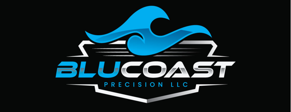 BluCoast Precision LLC logo with blue wave, stylized text on black.