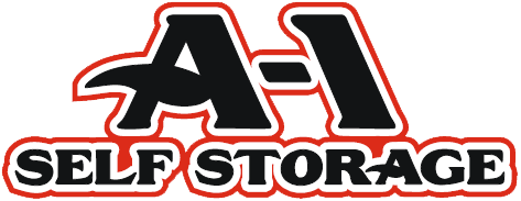 The logo for a self-storage company is black and red.