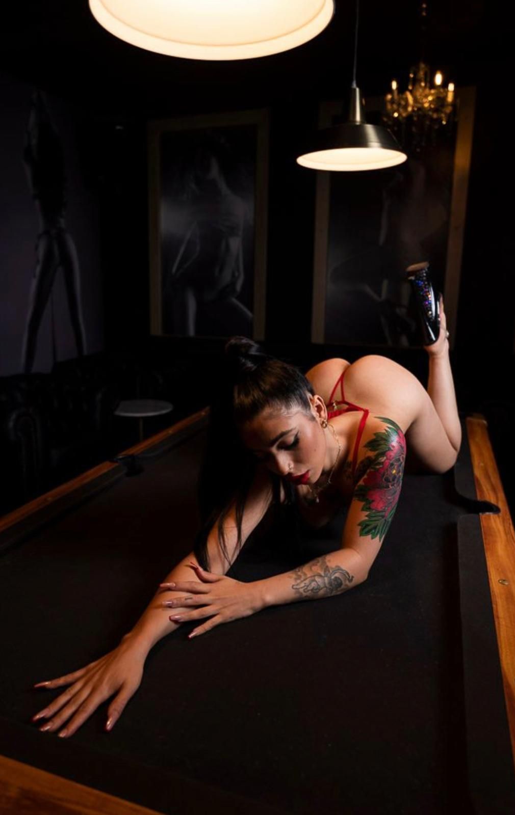 Woman With Tattoo On Top Of The Billiard Table — After Dark Gentlemens Club In Geelong, VIC