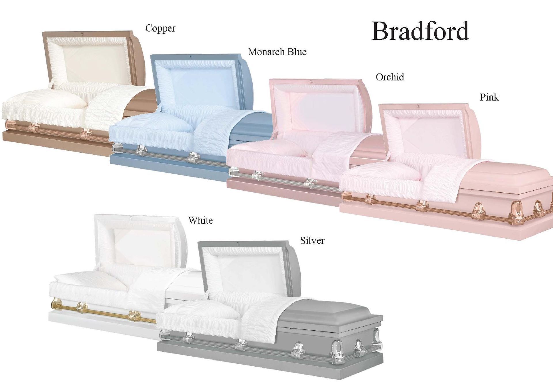 Five Bradford upholstered storage benches in copper, mint, blush, white, and silver finishes