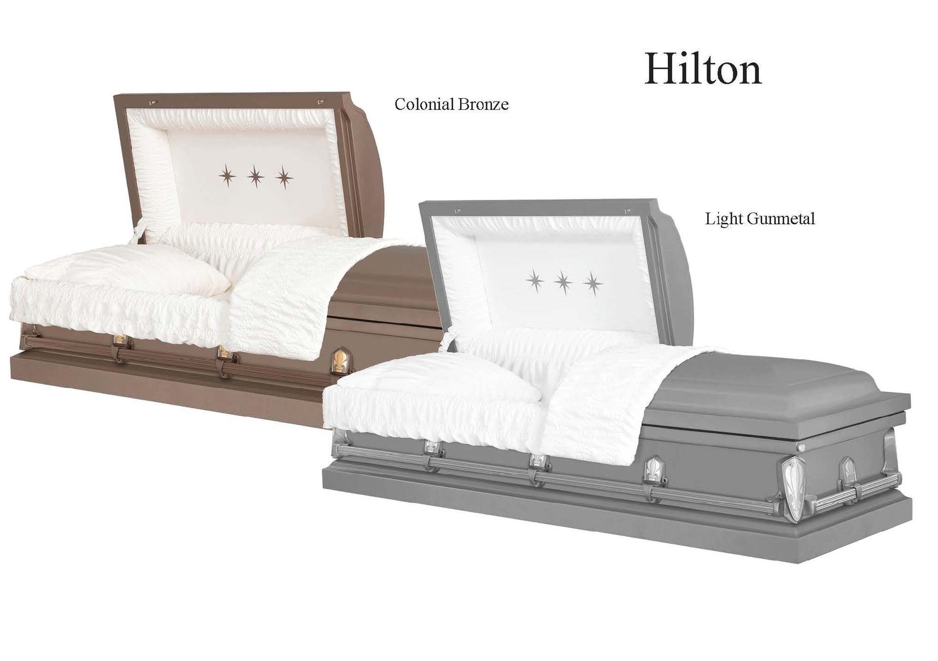 Two Hilton beds displayed side by side in brown and gray upholstery with white bedding.