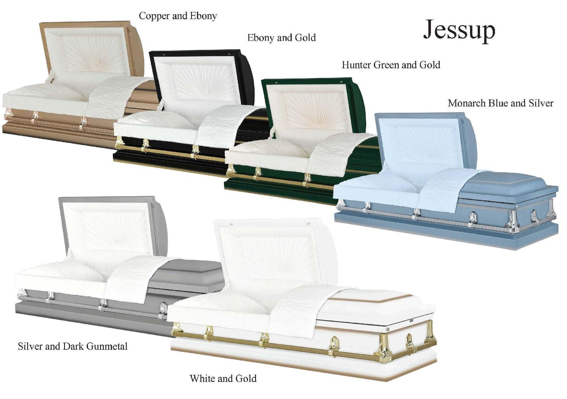 Jessup casket catalog showing five ornate coffins in white, black, blue, and gold finishes