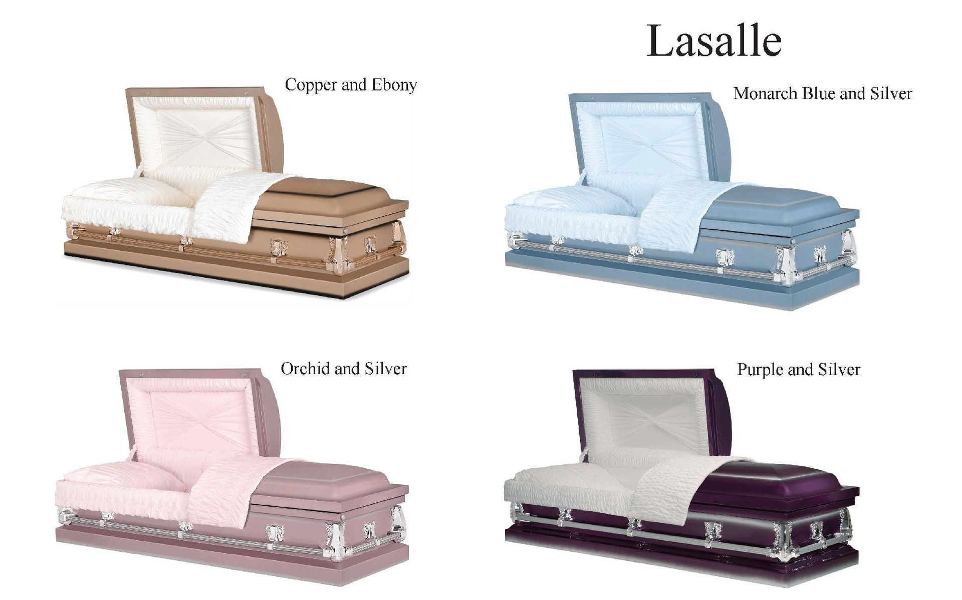 Four Lasalle casket styles in white, tan, pink, and purple, shown in a 2x2 layout.