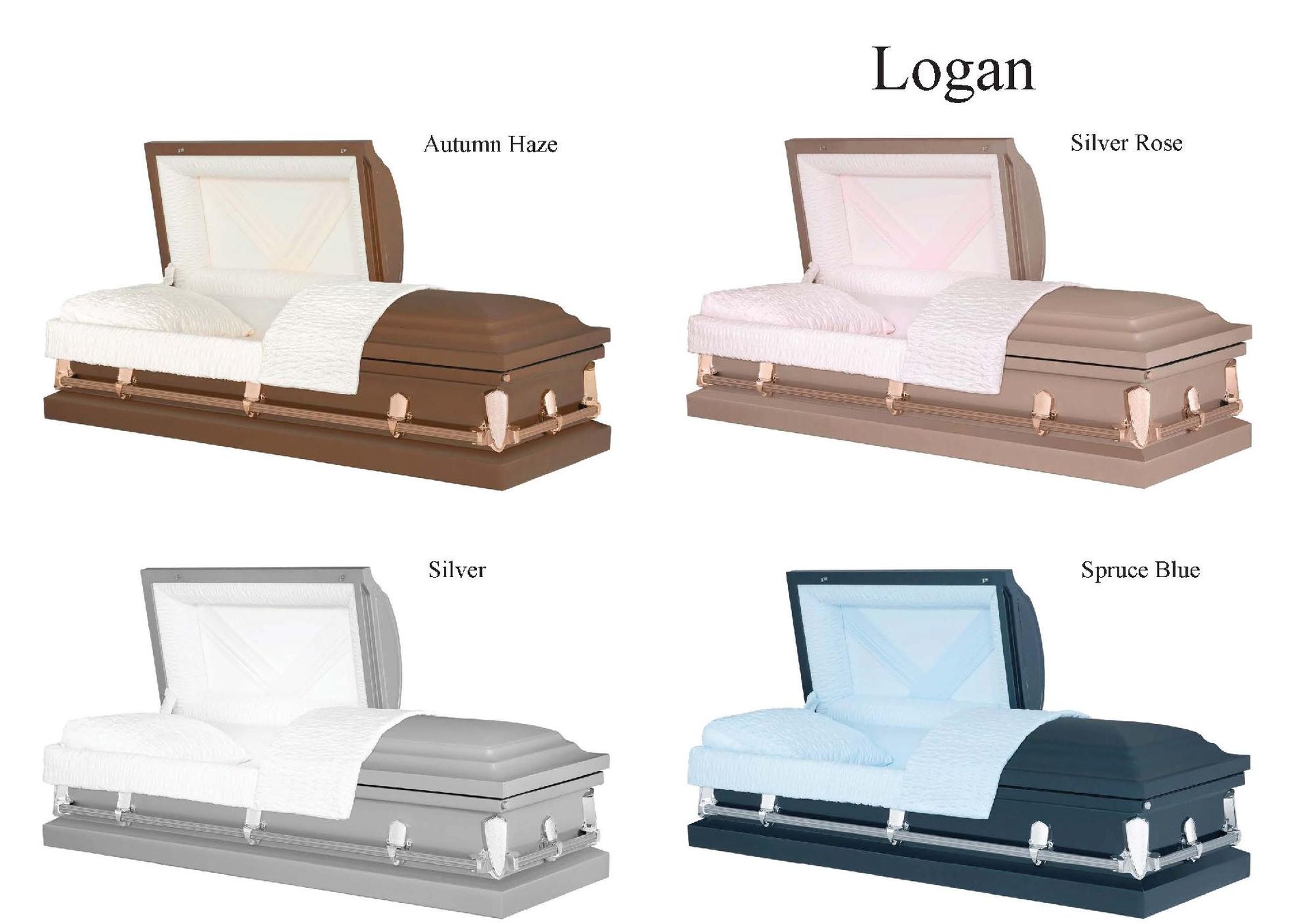 Four casket options in walnut, pink, silver, and blue, labeled Austin Tan, Rose Tan, Silver, and Special Blue.