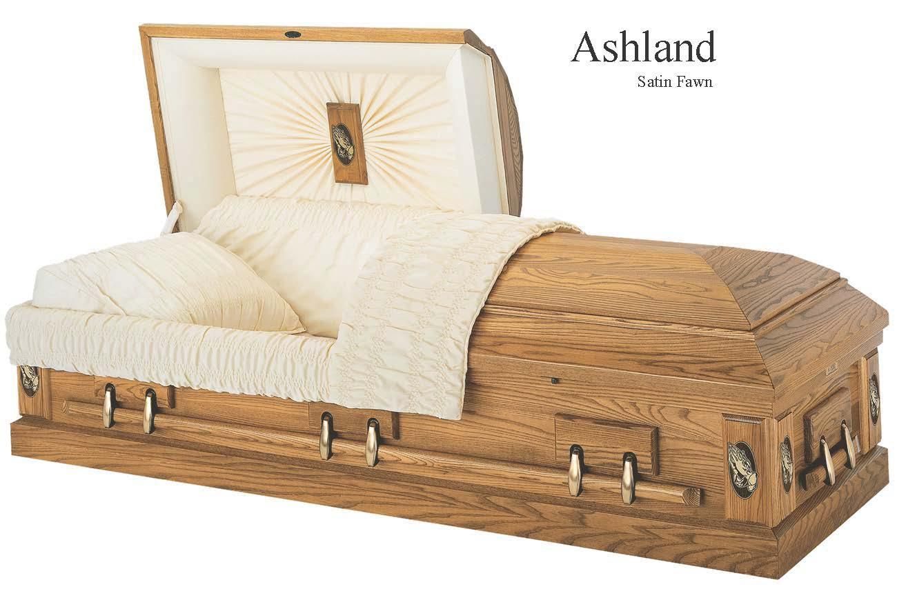 Ashland Suite Zena wooden casket with cream quilted lining and white quilted exterior