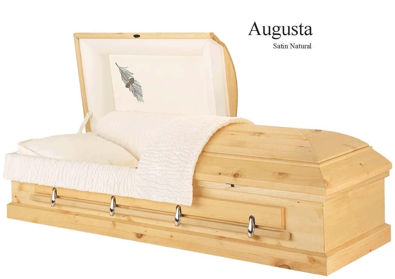 Light wood coffin with white interior lining and pillow, shown in profile on a white background