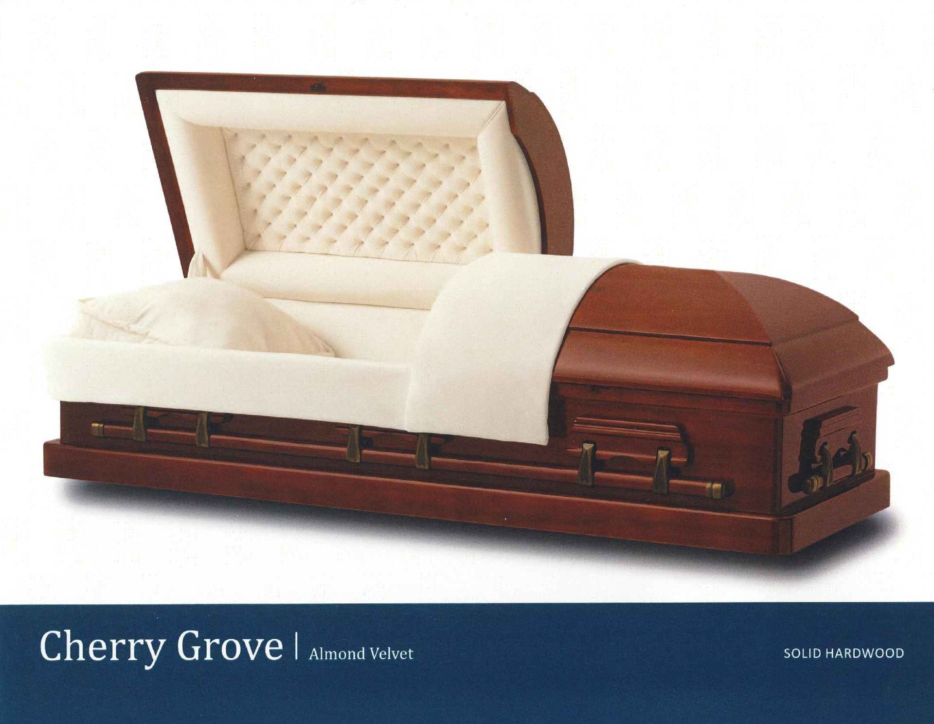 Cherry Grove white-padded coffin with open lid and brown wood finish
