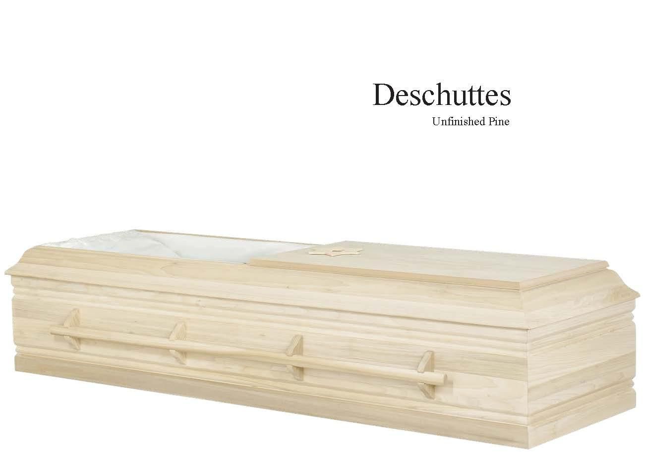 Light wood casket with Deschutes label on white background
