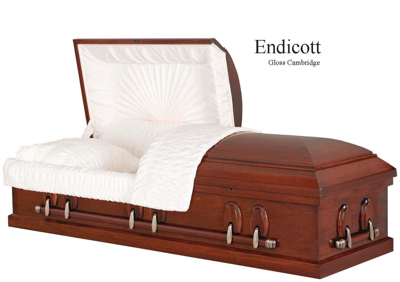 Wooden casket with white satin lining, shown partially open on a white background.