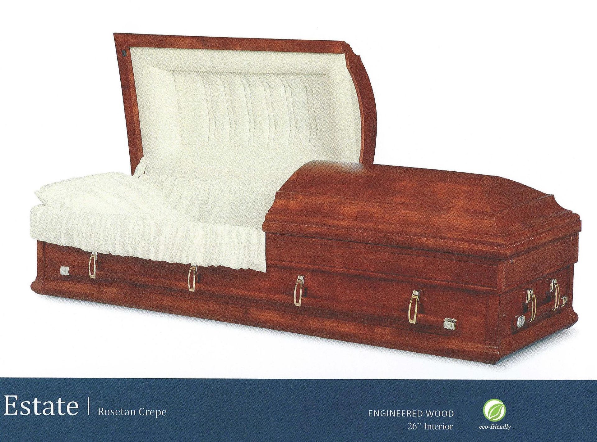 Brown upholstered coffin with white interior and red trim, shown on a product display background.