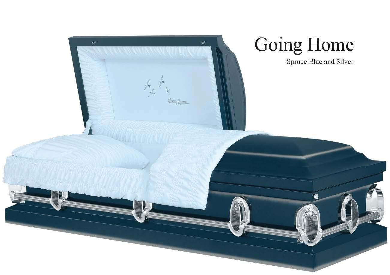 Open casket with white pillow and dark blue interior, captioned “Going Home”