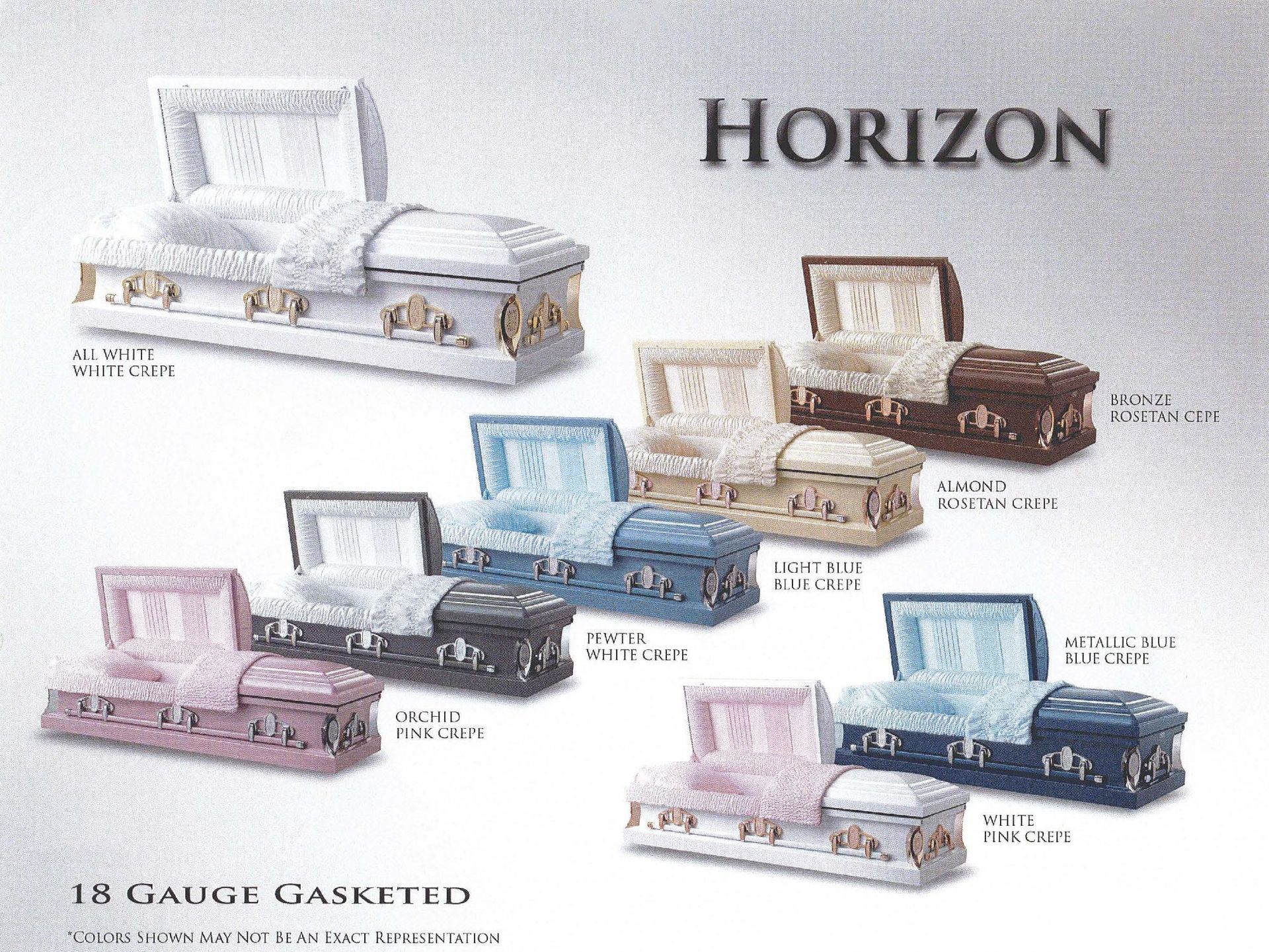 Promotional image of Horizon casket models in multiple colors and finishes, arranged in rows