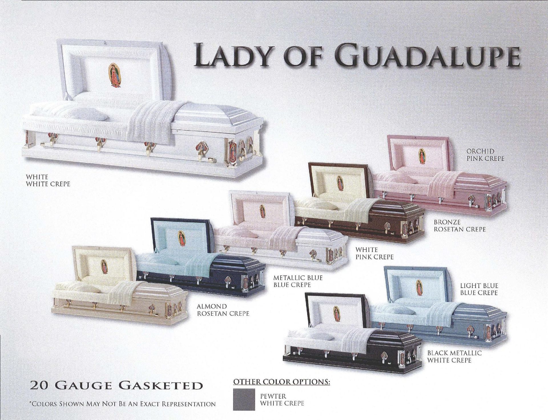 Lady of Guadalupe caskets in assorted colors with religious images on a white background