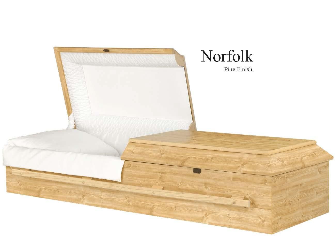 White upholstered bed with wooden storage base and headboard, labeled “Norfolk” on a white background