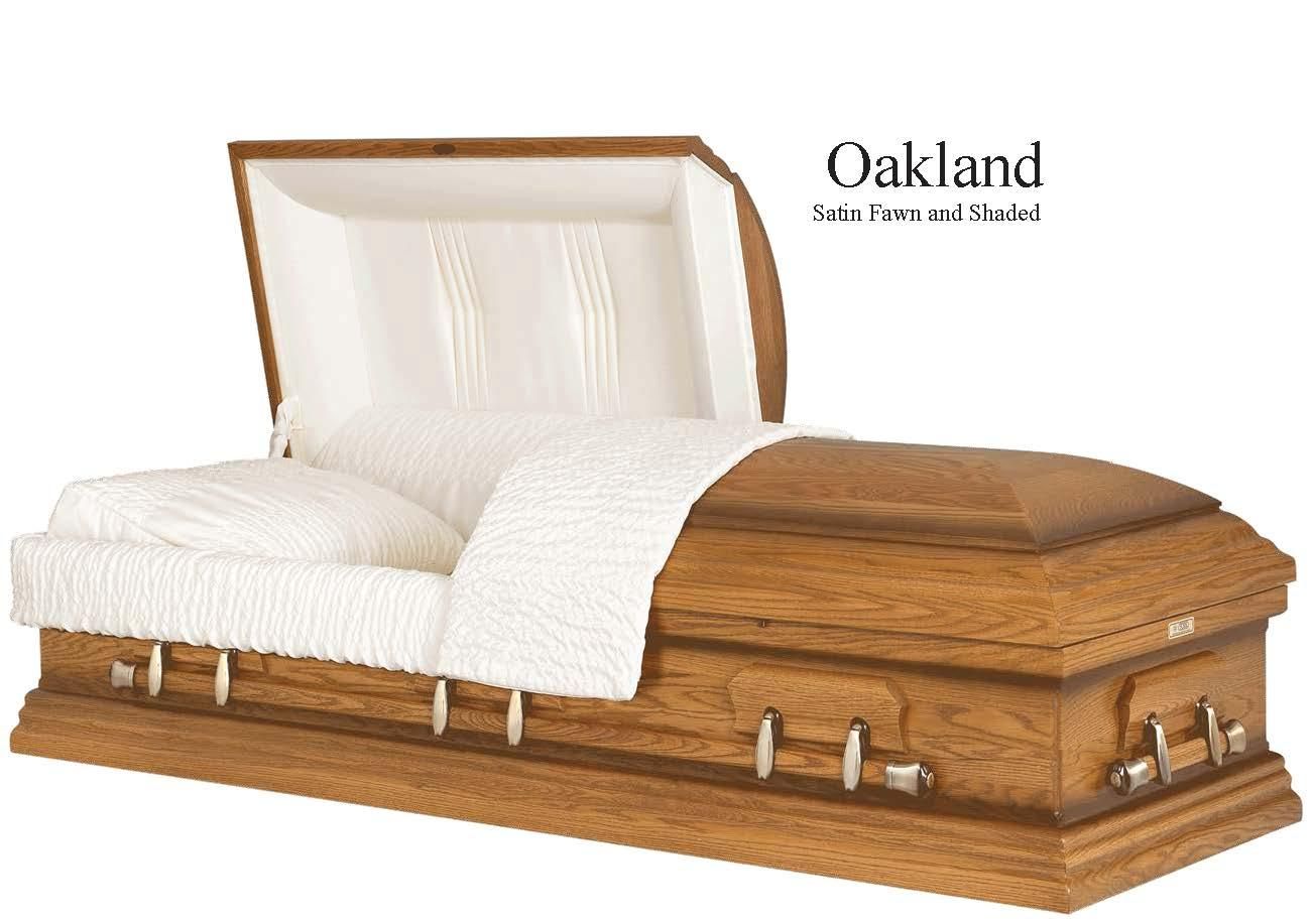 Oakland white casket with wood trim and base, shown open on a white background