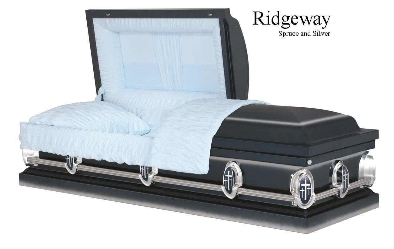 Open casket coffin with white satin lining and dark exterior, labeled Ridgeway Funeral Home and Cemetery