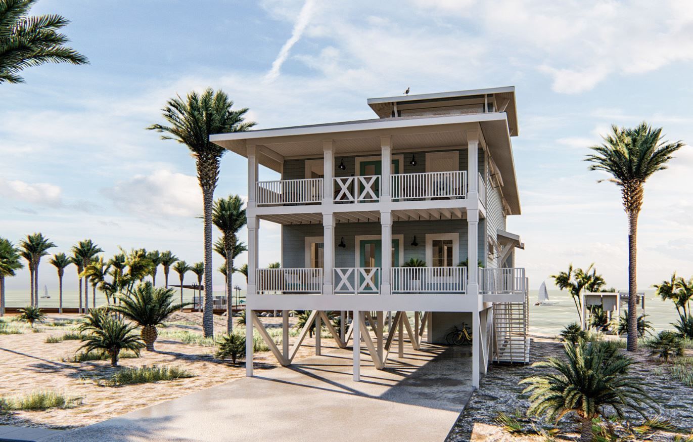 Beach house on stilts with balconies, palm trees, and a sandy beach.