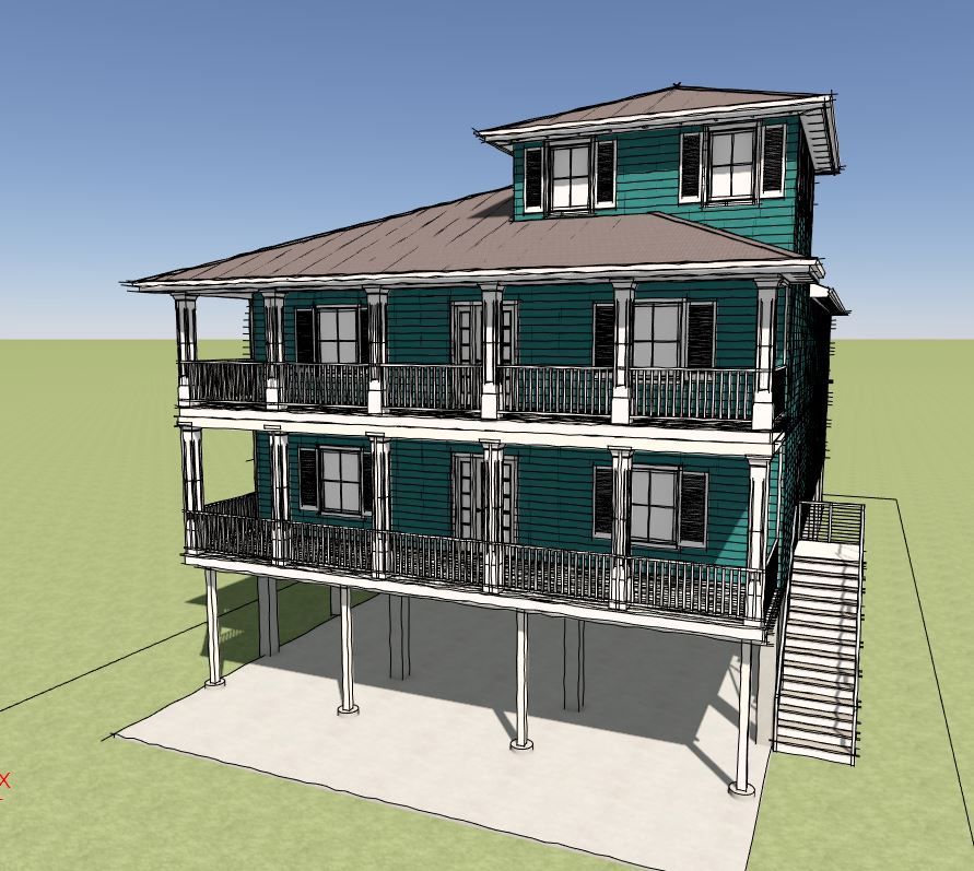 Three-story teal house with porches on stilts, brown roof, and exterior stairs.