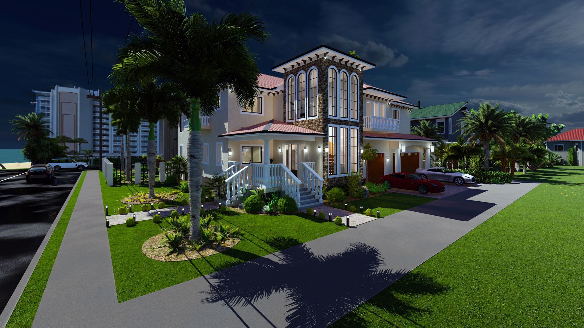 Two-story home with a light-colored exterior, palm trees, and a dark cloudy sky. Cars parked in the driveway.