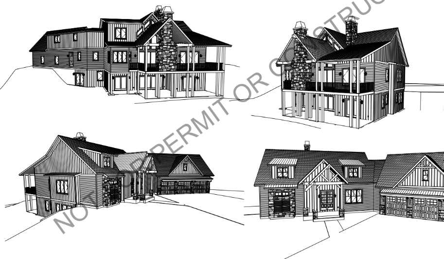 Four sketched perspective views of different houses.