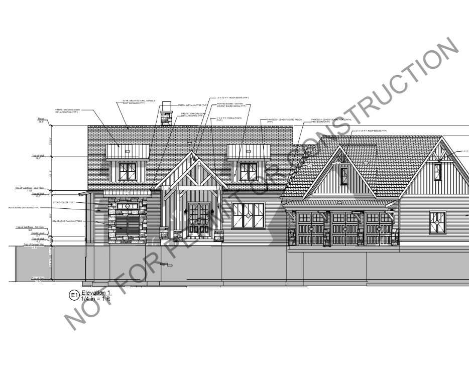 Architectural drawing of a house with a porch and two sections, labeled 