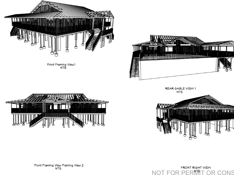 Architectural renderings of a raised wooden building, shown from four perspectives.
