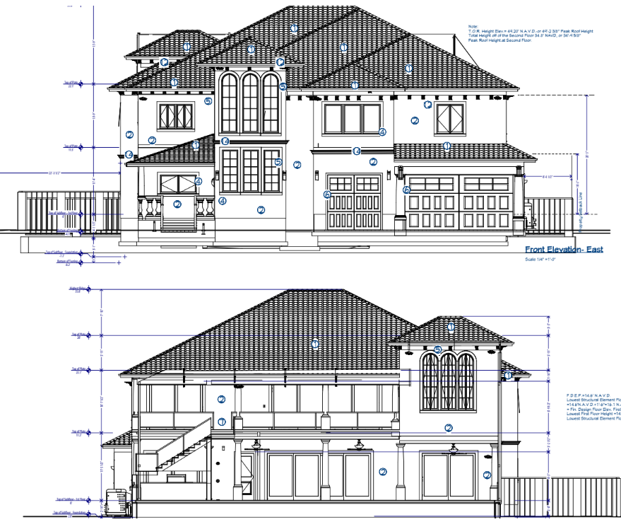 Architectural blueprints of a two-story house, showing front and side elevations with measurements.