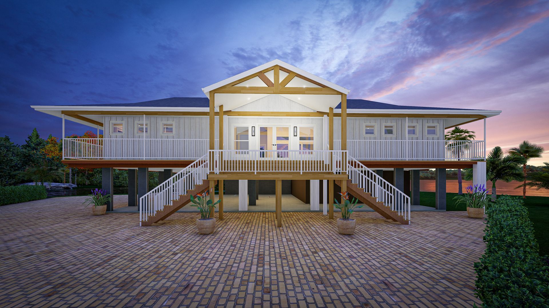 White raised house with porch, brick driveway, and evening sky.