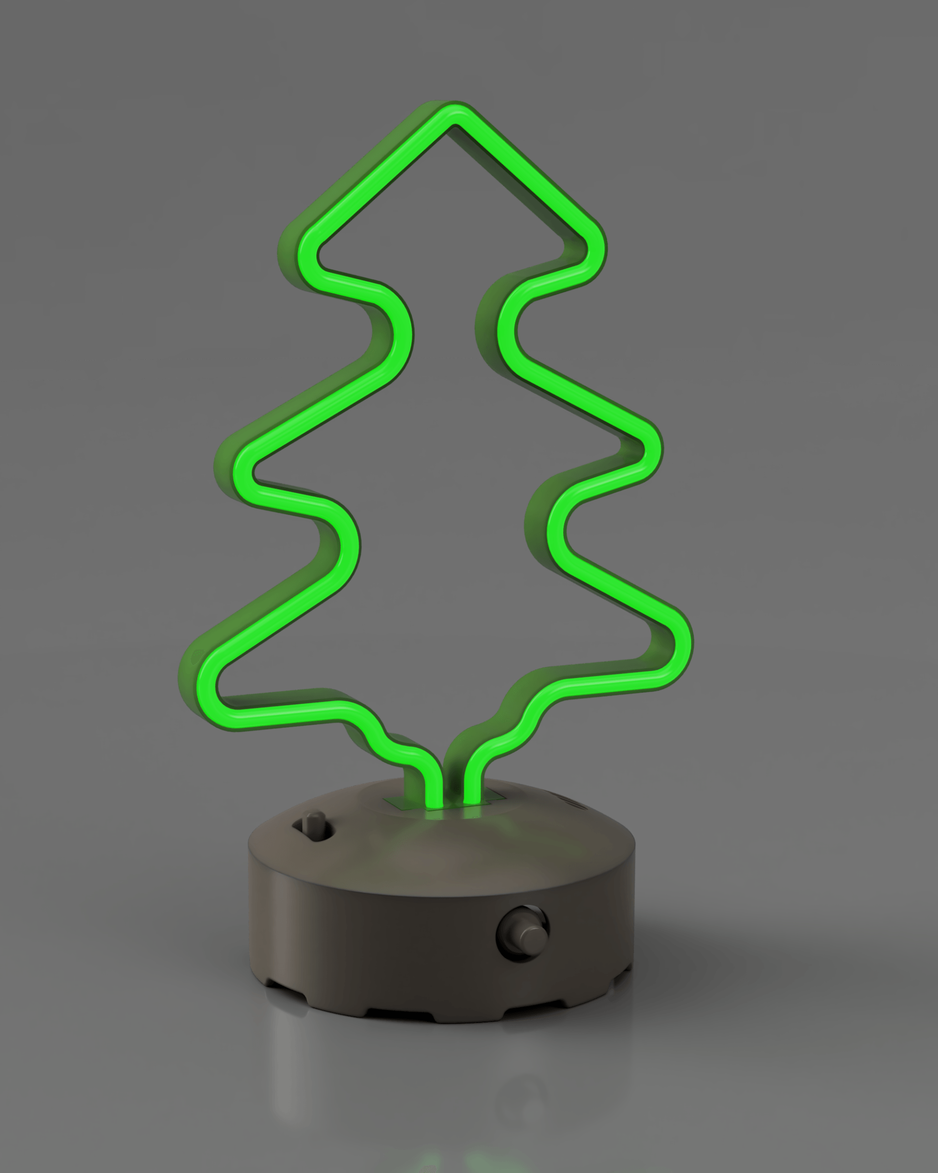 A neon-style glowing green Christmas tree light fixture mounted on a circular dark gray base.